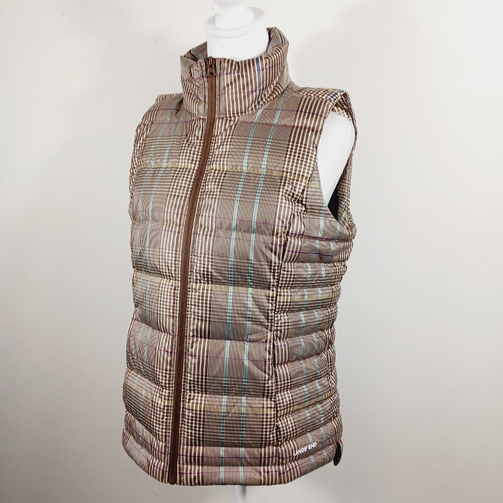 LANDS' END Classic Brown Plaid Puffer Vest, 75 Down/25 Feathers Fill Size Small - Picture 6 of 16